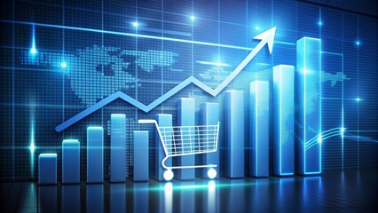 Digital graph showing significant increase in sales volume on virtual screen with shopping cart icon, symbolizing ecommerce growth and successful online business strategy.