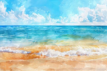 Sun-kissed Tropical Paradise: Watercolor Beachscape with Golden Sands and Gentle Waves