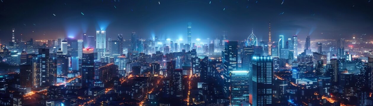 Architecture wide angle Futuristic cityscape at night with illuminated buildings, under bright city lights, in a scifi style, with space on the center for text