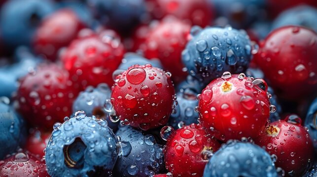 Blueberries, cranberries, lots of them piled up, overhead view, close up shot with fresh water droplets. Generative AI.