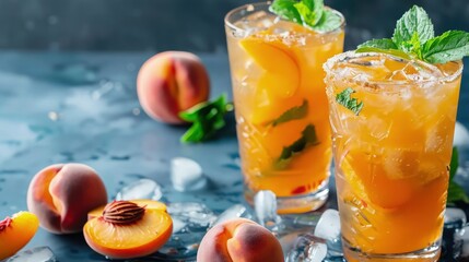 ice cold bourbon peach smash cocktails, Long banner format.