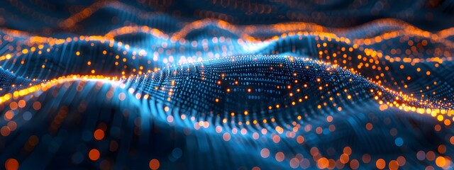 Poster - Abstract background with glowing blue and orange elements, cyber network grid pattern, lights in the form of circles on an abstract digital landscape
