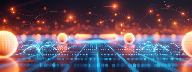 Poster - Abstract background with glowing blue and orange elements, cyber network grid pattern, lights in the form of circles on an abstract digital landscape
