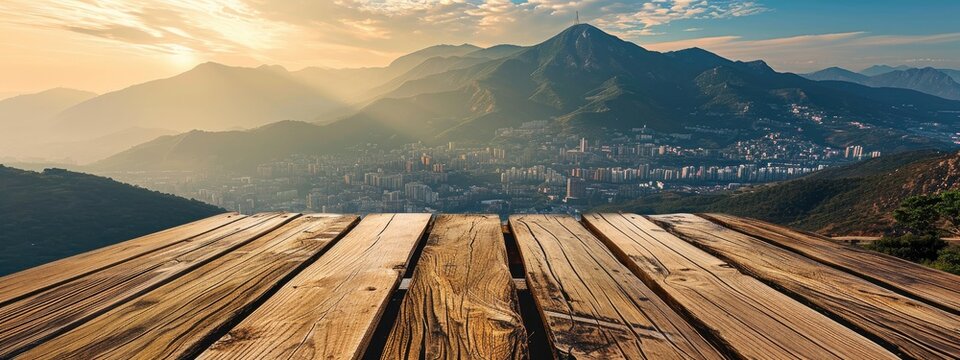 wooden table top with the serene backdrop of a mountain landscape