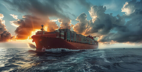Business logistic and transportation by container cargo ship in open sea, Container ship on ocean, huge container tanker ship carrying containers. Generative AI.
