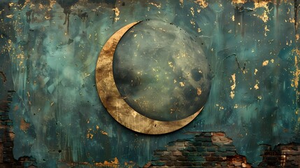 vintage golden crescent moon on weathered blue wall, artistic background for creative designs, rusti