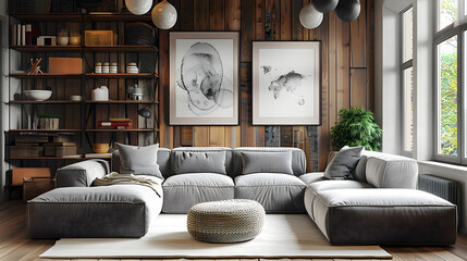 Wall Mural - Modern elements of living room interior design, corner sofas and personal items Classic Scandinavian style