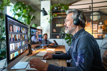 Wall Mural - middle aged Male Employee with headphones Participating in a Team Video Call in Tech Office