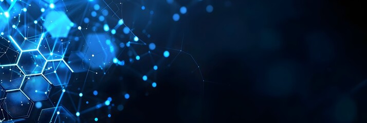 Poster - abstract technology background with blue glowing hexagons and connecting dots in dark space