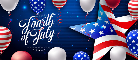 Wall Mural - 4th of July Independence Day of the USA Vector Illustration with American Flag Pattern Star and Party Balloon on Blue Background. Fourth of July National Celebration Design with Typography Letter for