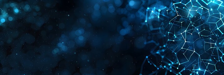 Poster - Abstract technology background with blue glowing hexagons and connecting dots in dark space
