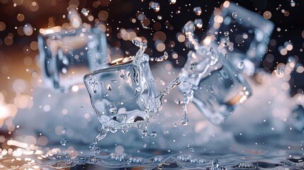 Aufkleber - Dynamic flying ice cubes melting in mid-flight, surrounded by splashes and droplets of water. background that keeps the focus on the action and movement of the melting process. Generative AI.