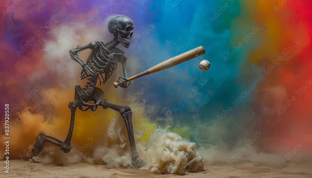 One spooky skeleton hitting sports ball creepy eerie rainbow smoke fog ...