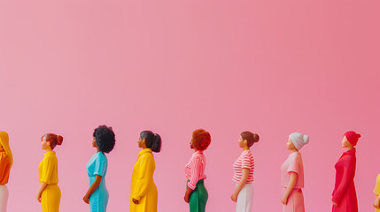 Wall Mural - Miniature people , A group of women stand together On a pink backdrop, International Women's Day concept 