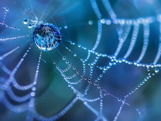  A captivating image of a water droplet clinging to a spider web, with the web strands forming an intricate pattern around it. 