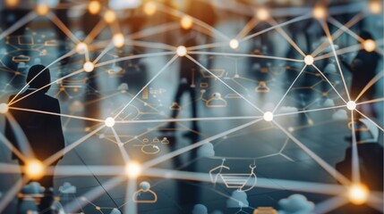 Poster - Networking structure at the global level. Connecting customers, HR recruitment and global outsourcing, Customer service, Technology, and social networks. Generative AI.