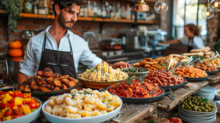 Wall Mural - Chef arranging food on buffet table