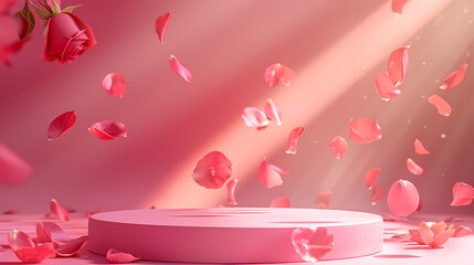 Wall Mural - Podium in the pink background rose petals falling. Studio podium for product advertising. Stage stand. Blank podium. Display platform cosmetic and spa presentation