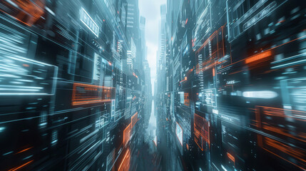 Poster - Futuristic cityscape with digital screen buildings displaying tech ads. Generative AI.