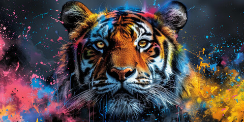 Wall Mural - Tiger neon picture in pop art