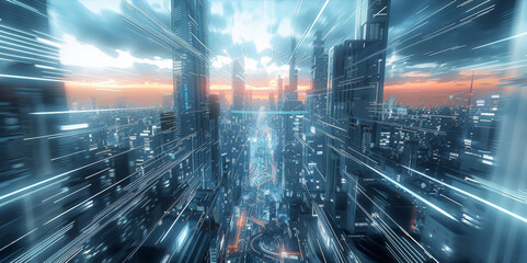 Aufkleber - Futuristic cityscape with digital screen buildings displaying tech ads. Generative AI.
