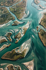 Wall Mural - Aerial view of a river delta, capturing the intricate, abstract patterns formed by the waterways. Emphasize the natural lines and the interplay of light and shadow.