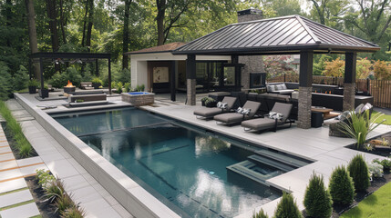 Aufkleber - A stunning modern backyard with pristine landscaping, beautiful designed beds, modern grill, gazebo and modern fire pit, beautiful pool. Generative AI.