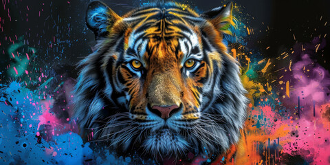 Wall Mural - Tiger neon picture in pop art