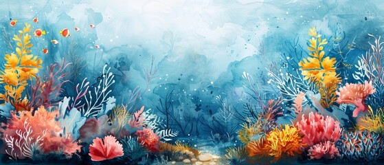 Dreamy marine landscape in watercolor, showcasing vibrant coral reefs and various underwater plants, gentle blending and soft edges