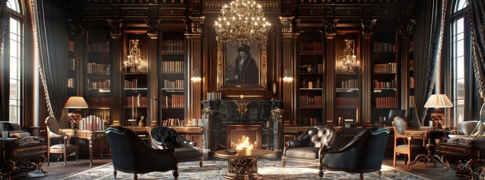 Elegant mansion library with plush chairs, a fireplace, and a grand chandelier generated by AI