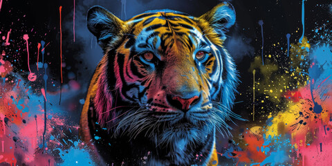 Sticker - Tiger neon picture in pop art