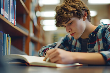 Wall Mural - Male student learning at high school library.