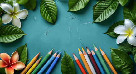 Composition of jasmine flower taro leaves with colored pencils on a colored background. Space for text display. top view. Generative AI.