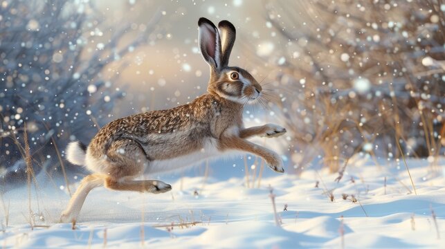 A rabbit is running through the snow, with its ears back and its eyes wide open