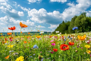 Canvas Print - idyllic field filled with colorful beautiful flowers natures floral splendor summer landscape