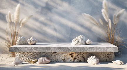 Wall Mural - natural stone stage display featuring seashells and beach grasses, ideal for showcasing products in a beach setting