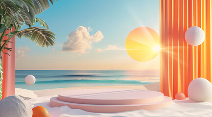 Wall Mural - 3D render of a stage display mockup for product presentation, featuring a vibrant summer scene with ocean, sand, and sun.