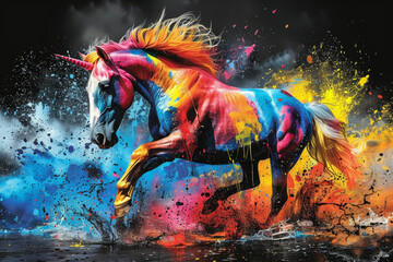 Sticker - unicorn in bright neon colors in a pop art style