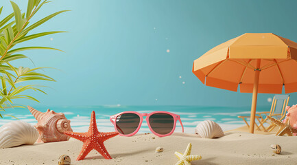 Wall Mural - 3D render featuring sunglasses on a sandy beach with a beach umbrella, beach bill, beach chair, starfish, and seashells for a product presentation stage display mockup.