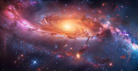A majestic spiral galaxy ablaze with vibrant colors, its arms swirling outwards against a backdrop of deep space. Nebulae in shades of pink, blue, and purple shimmer between the stars. Generative AI.
