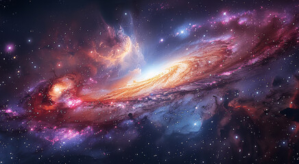 a majestic spiral galaxy ablaze with vibrant colors, its arms swirling outwards against a backdrop o