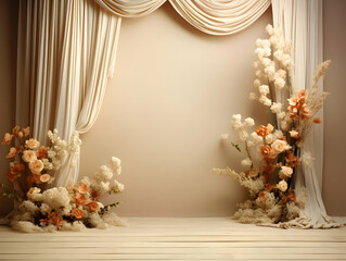 wedding stage decoration with flower, Luxury Wedding Arch with floral decorations, white backdrop with decorative flowers