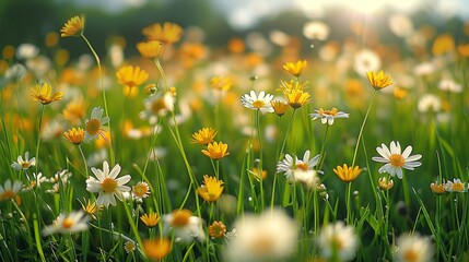 Leinwandbilder - A Summer floral nature background panorama with blooming yellow and white marguerites in the grass on a bright sunny day. Generative AI.
