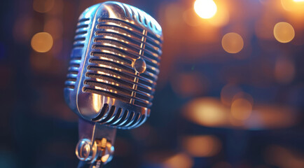 Poster - A broadcasting microphone used in radio shows or voice over recordings. Generative AI.