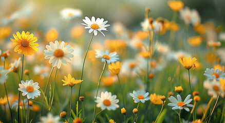 Leinwandbilder - A Summer floral nature background panorama with blooming yellow and white marguerites in the grass on a bright sunny day. Generative AI.