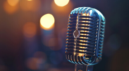 Poster - A broadcasting microphone used in radio shows or voice over recordings. Generative AI.