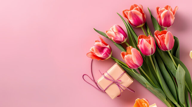 8 March card design with tulips, gift and space for text on pink background, flat lay. International Women's Day 