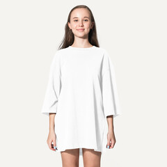 Sticker - Casual tshirt dress mockup png transparent, worn by a young woman