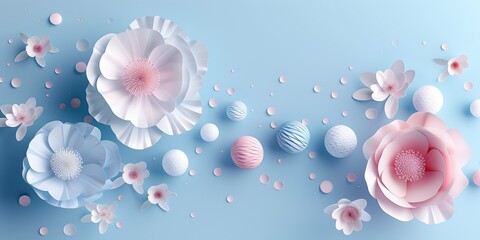 Wall Mural - Decorative photography of pastel colored paper balls and large flower decorations on a light blue background.