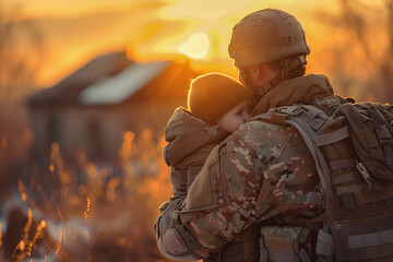 Soldier with a child, together in warfare, protection and love